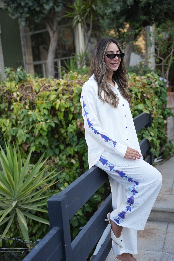 White Base Tatreez Set with Imperial Blue embroidery on the Sides