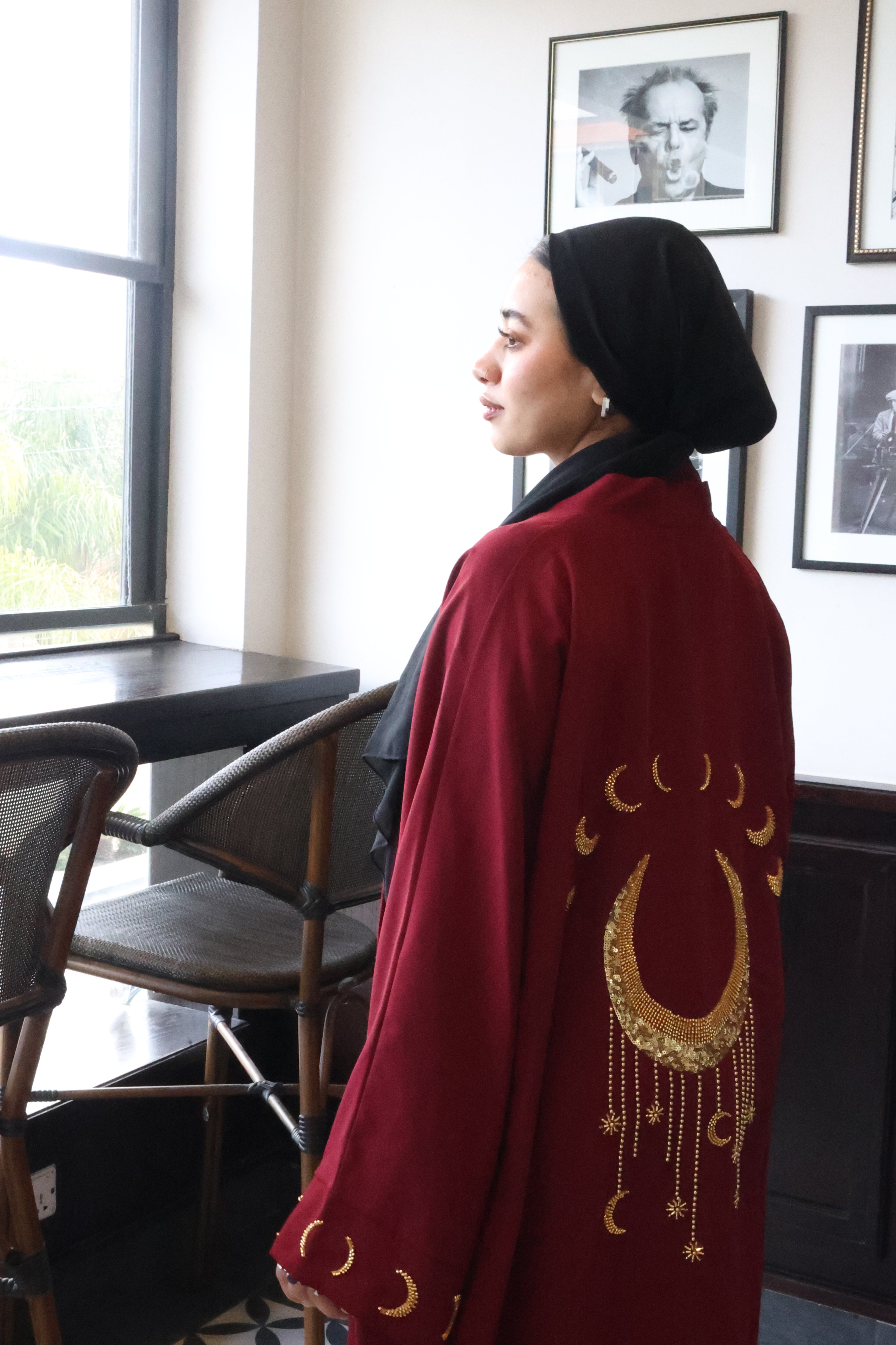 Maroon Crescent Moon Abaya